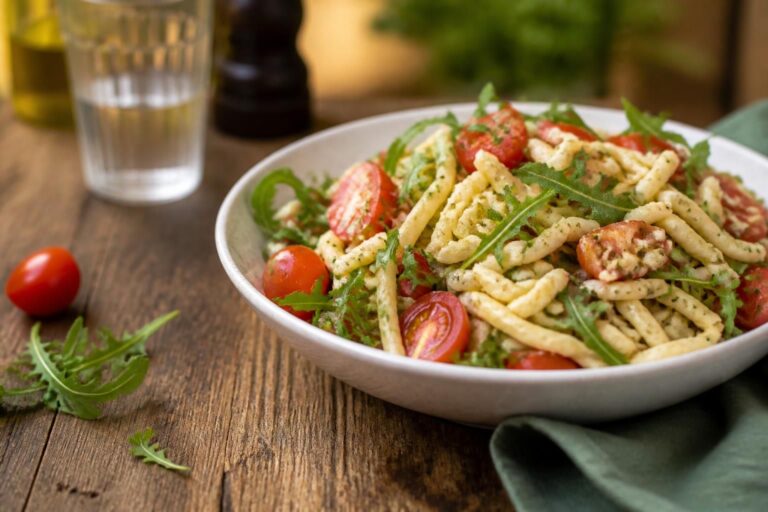 Kalter Spätzle-Salat mit Cherrytomaten und frischem Rucola in einer weißen Schüssel, beträufelt mit Olivenöl-Dressing