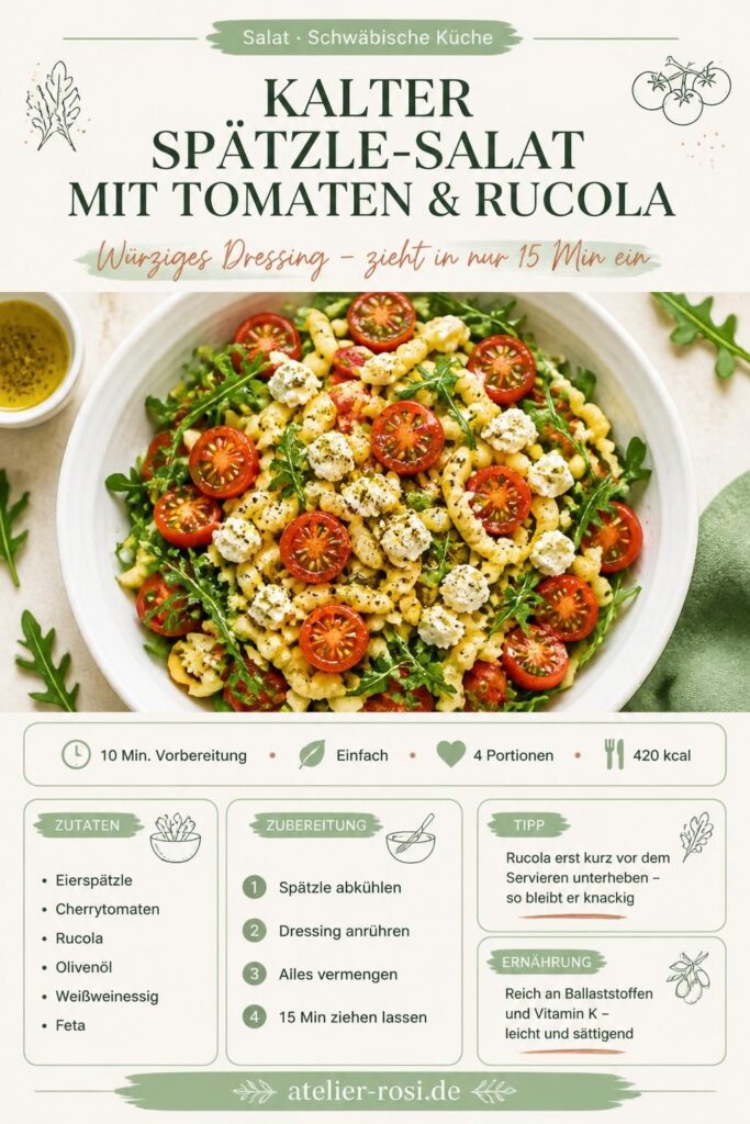 Kalter Spätzle-Salat mit Tomaten und Rucola – Pinterest-Pin für atelier-rosi.de