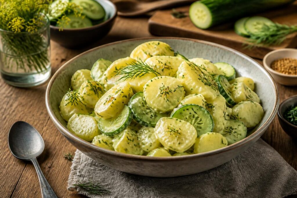 Kartoffel-Gurkensalat mit Senf und frischem Dill, von oben fotografiert in einer hellen Schüssel mit Holzlöffeln auf einem hellen Holztisch