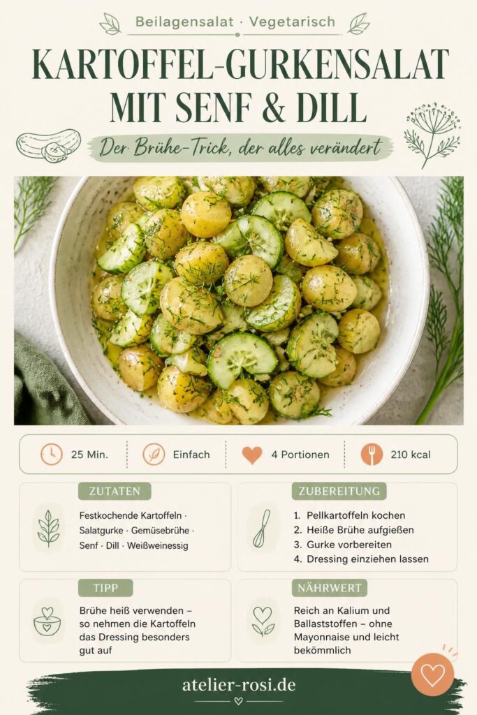 Kartoffel-Gurkensalat mit Senf und frischem Dill in einer weißen Schüssel, von oben