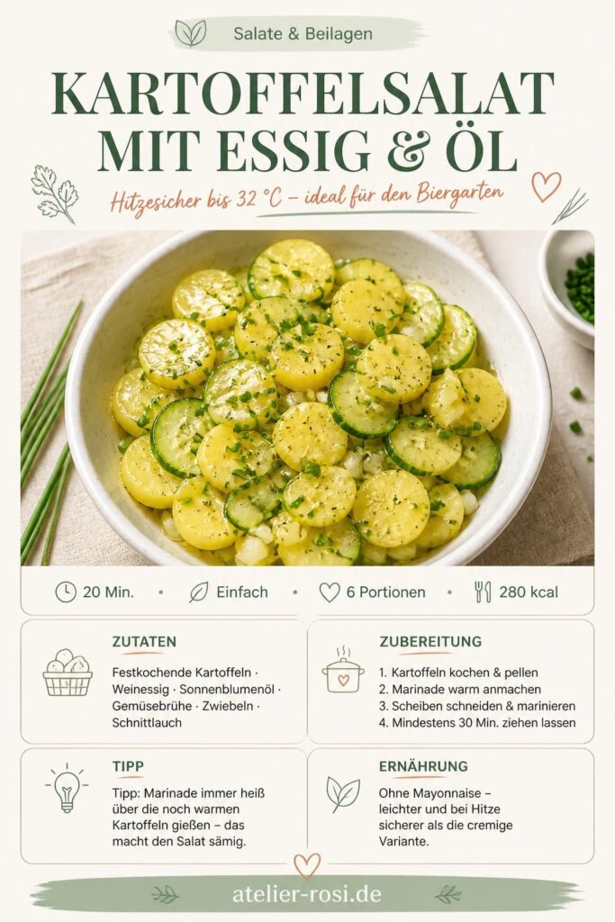 Kalter Kartoffelsalat mit Essig und Öl in einer weißen Schüssel, garniert mit Schnittlauch, ideal für den Biergarten