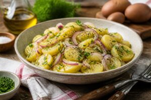 Kalter Kartoffelsalat mit Essig und Öl in einer Glasschüssel, garniert mit Zwiebeln und frischen Kräutern – perfekt für heiße Sommertage