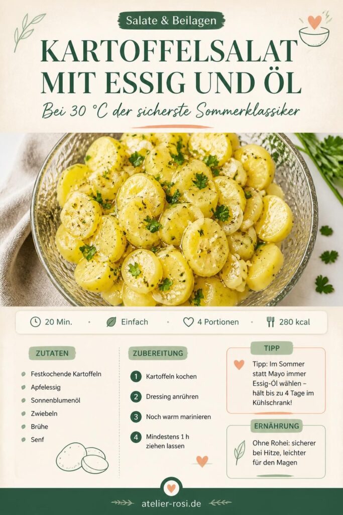 Kalter Kartoffelsalat mit Essig und Öl in einer Glasschüssel – sicher bei Sommerhitze