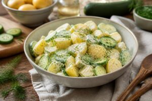 Kartoffelsalat mit Gurke und Dill in einer weißen Schüssel, mit Apfelessig-Dressing und frischem Dill garniert, auf einem Holztisch im Sommer