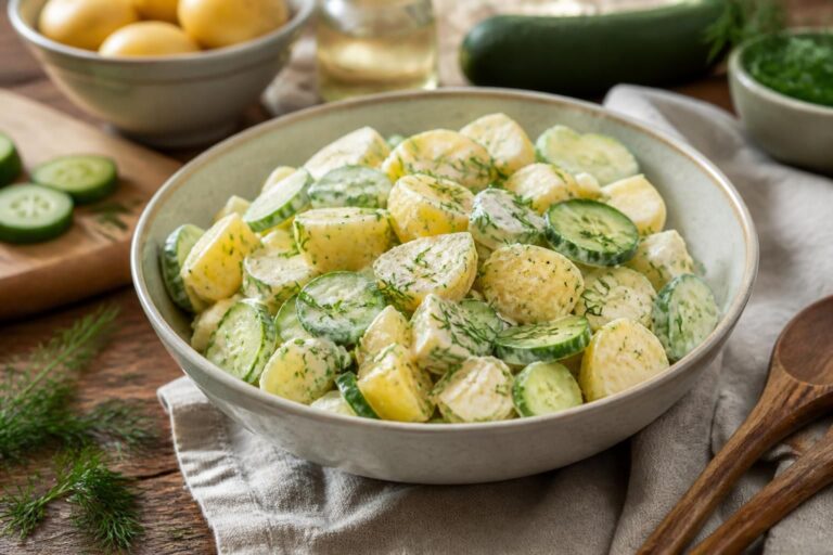 Kartoffelsalat mit Gurke und Dill in einer weißen Schüssel, mit Apfelessig-Dressing und frischem Dill garniert, auf einem Holztisch im Sommer