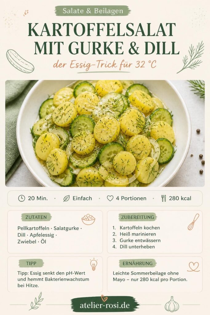 Kartoffelsalat mit Gurke und Dill auf einem Holztisch, Pinterest-Rezeptkarte