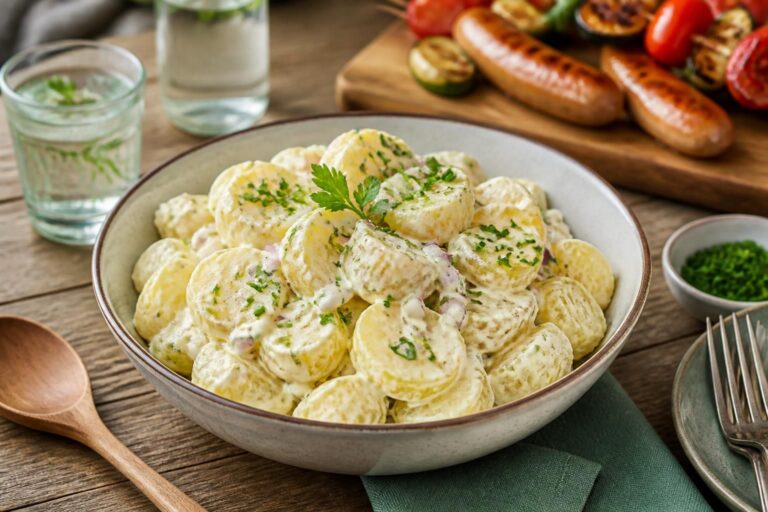 Cremiger Kartoffelsalat mit Schmand, Dill und Schnittlauch in einer weißen Schüssel, von oben fotografiert