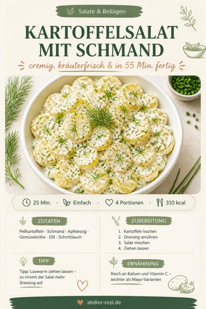 Cremiger Kartoffelsalat mit Schmand, Dill und Schnittlauch – Pinterest-Rezeptkarte