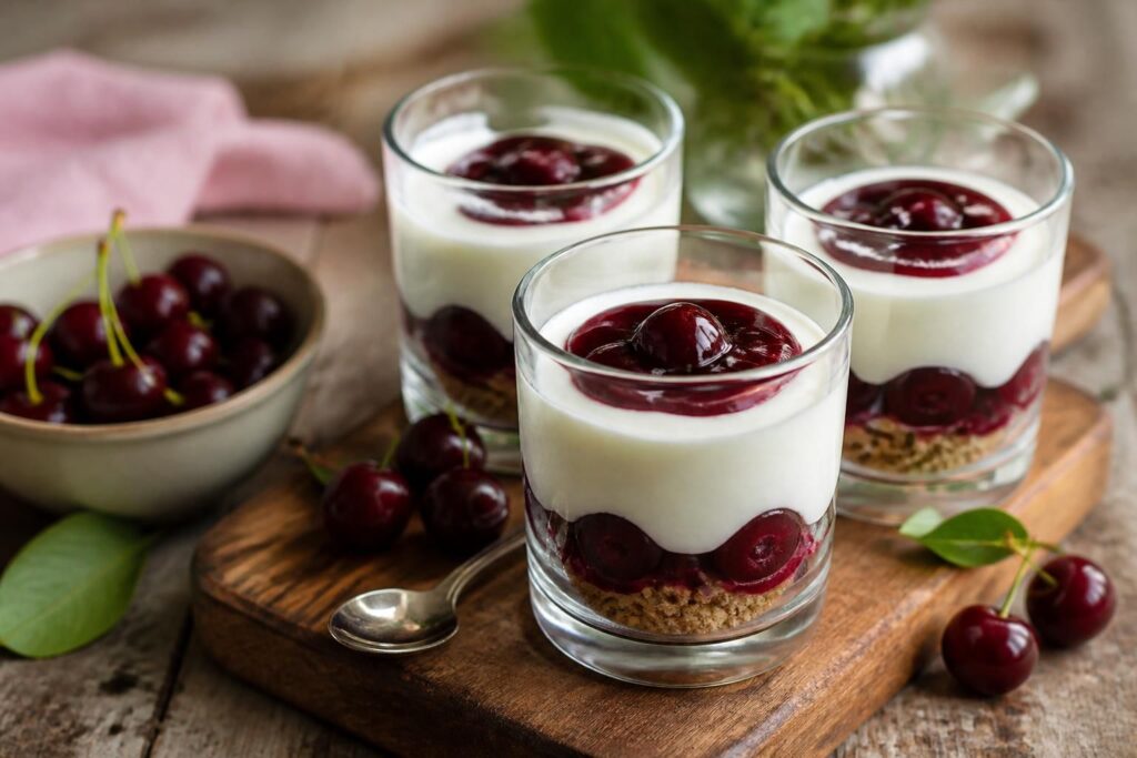 Kirsch-Dessert im Glas ohne Backen mit Sahne-Quark-Creme, Sauerkirschen und Löffelbiskuit-Basis, serviert in vier Portionsgläsern