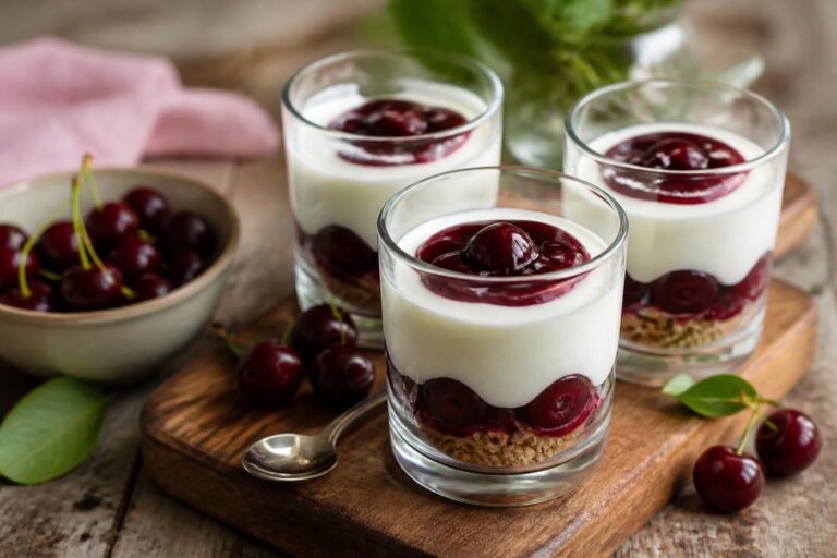 Kirsch-Dessert im Glas ohne Backen mit Sahne-Quark-Creme, Sauerkirschen und Löffelbiskuit-Basis, serviert in vier Portionsgläsern