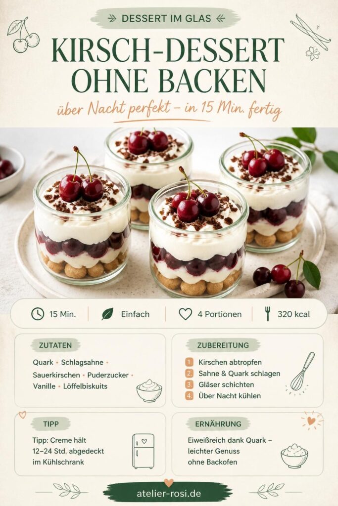 Kirsch-Dessert im Glas ohne Backen mit Sahne-Quark-Creme und Sauerkirschen, Pinterest-Rezeptkarte