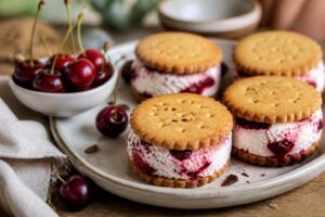 Kirsch-Joghurt-Eis-Sandwiches ohne Eismaschine auf einem Holzbrett, mit sichtbaren Kirschen in der cremigen Joghurtfüllung zwischen zwei weichen Keksen