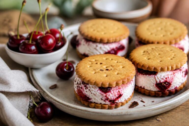 Kirsch-Joghurt-Eis-Sandwiches ohne Eismaschine auf einem Holzbrett, mit sichtbaren Kirschen in der cremigen Joghurtfüllung zwischen zwei weichen Keksen