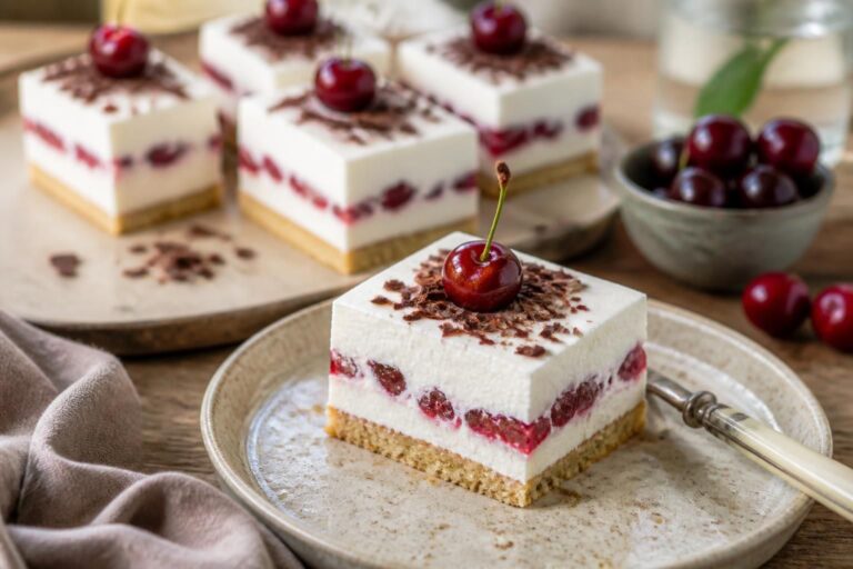 Kirsch-Joghurt-Schnitten ohne Gelatine auf einem Backblech, mit cremiger Joghurtcreme und Sauerkirschen auf hellem Untergrund