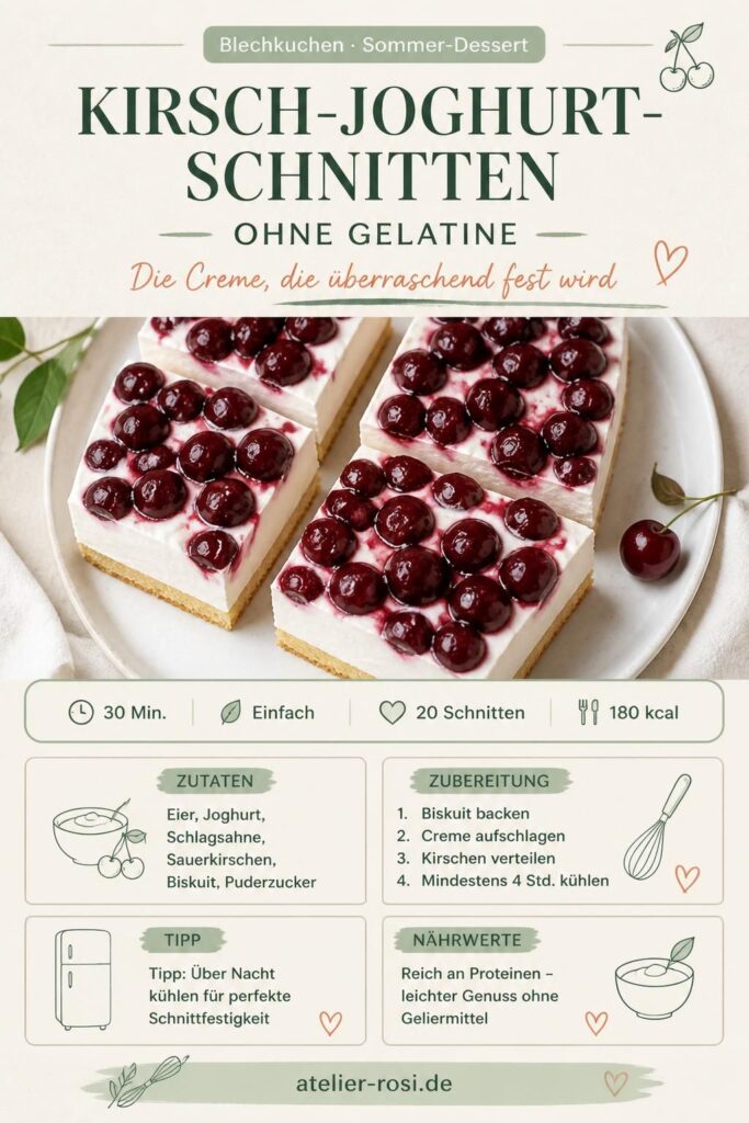 Kirsch-Joghurt-Schnitten ohne Gelatine auf einem Backblech, angeschnittene Stücke mit cremiger Joghurtschicht und Sauerkirschen