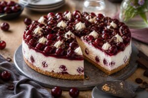 Kirsch-Mascarpone-Torte ohne Backen mit knusprigem Keksboden, angeschnitten auf einer weißen Tortenplatte, mit sichtbaren Cremeschichten und roten Kirschen obenauf
