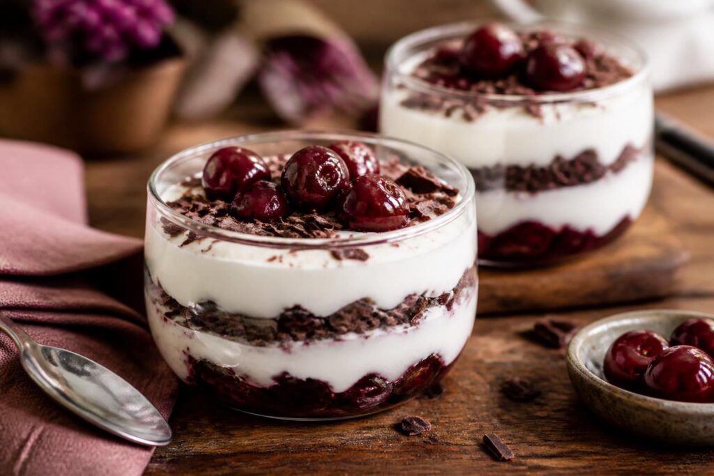 Kirsch-Quark-Dessert mit Schokolade im Glas, garniert mit Sauerkirschen und Schokoraspeln