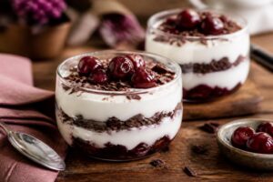 Kirsch-Quark-Dessert mit Schokolade im Glas, garniert mit Sauerkirschen und Schokoraspeln