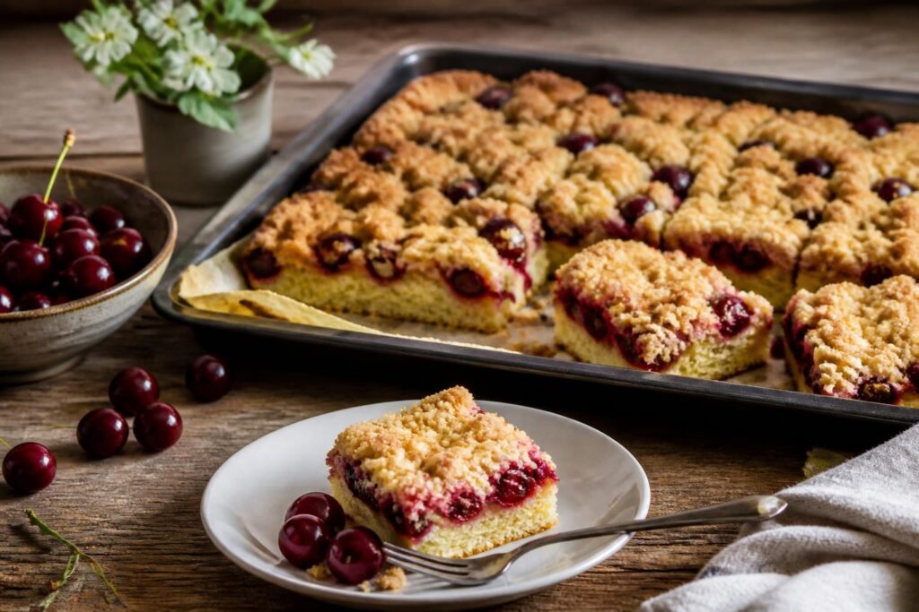 Saftiger Kirschkuchen mit goldbraunen Butterstreuseln auf einem Backblech, belegt mit frischen Sauerkirschen, auf einem hellen Holztisch fotografiert von oben