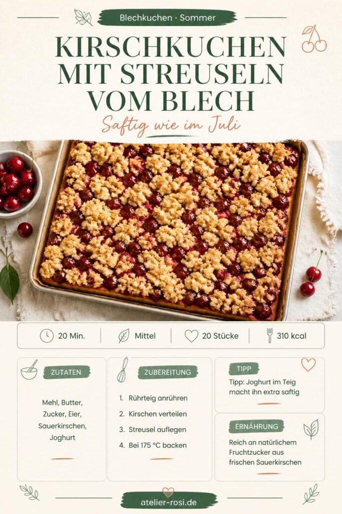 Kirschkuchen mit Streuseln vom Blech – saftig und goldbraun gebacken, bereit zum Servieren