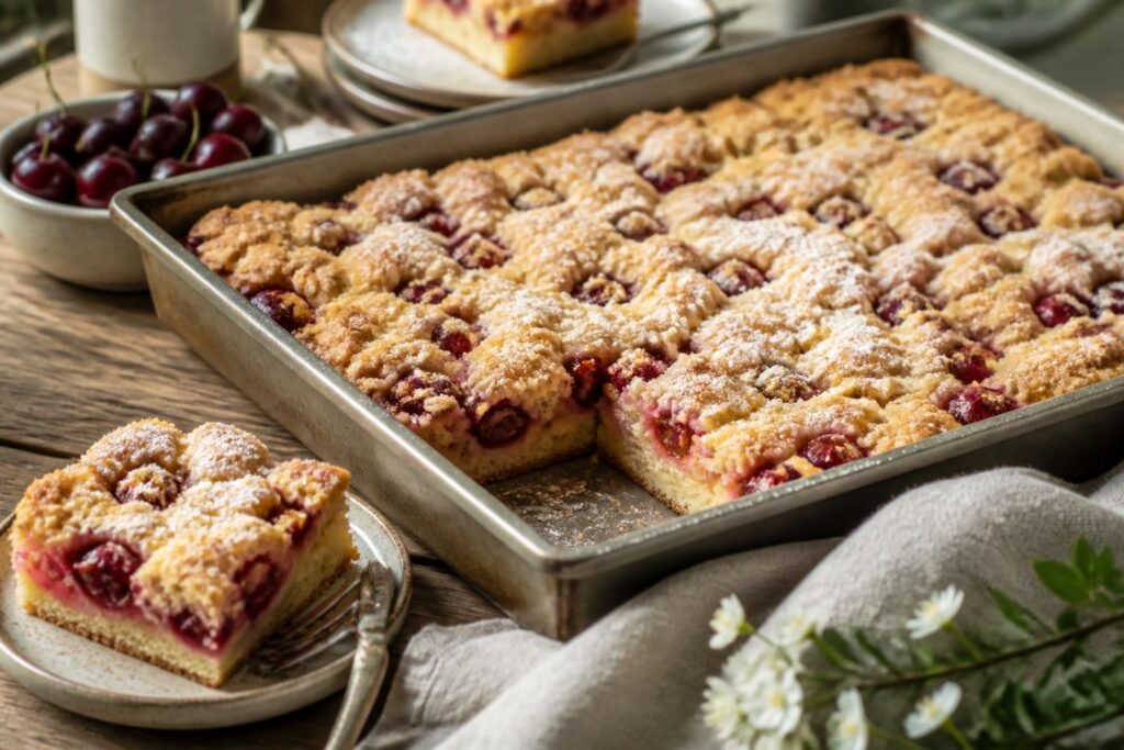 Kirschstreuselkuchen ohne Hefe auf einem Backblech, goldbraune knusprige Streusel über saftigen Sauerkirschen
