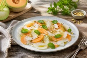 Kohlrabi-Melonen-Carpaccio vegan auf weißem Teller mit frischen Kräutern und Vinaigrette, Sommerrezept