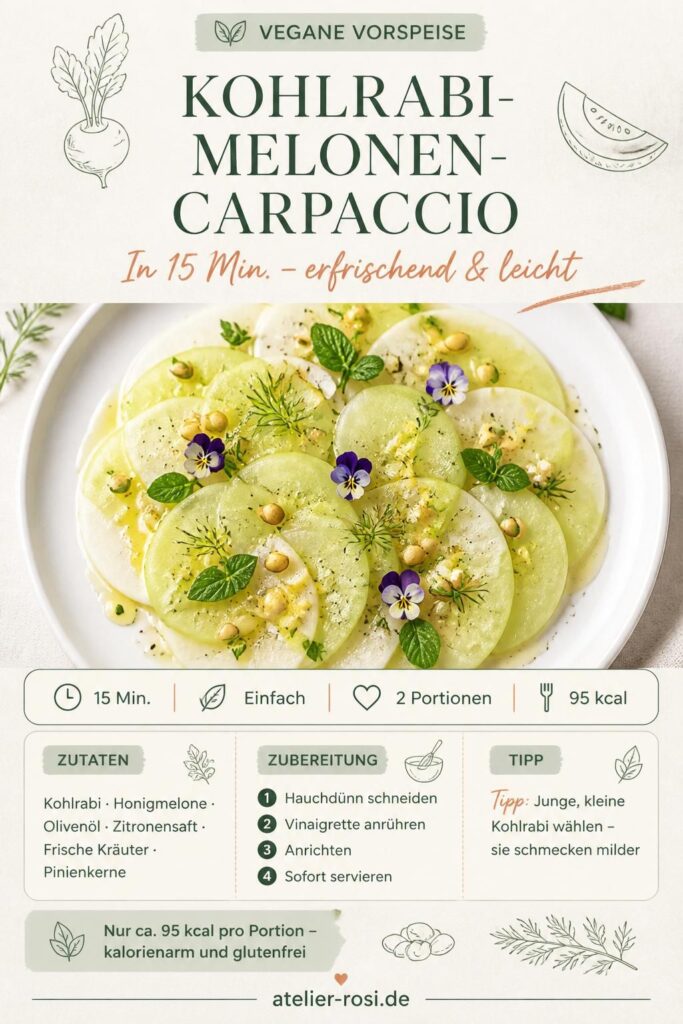 Kohlrabi-Melonen-Carpaccio vegan auf weißem Teller mit Kräutern und Pinienkernen – Pinterest-Rezeptkarte