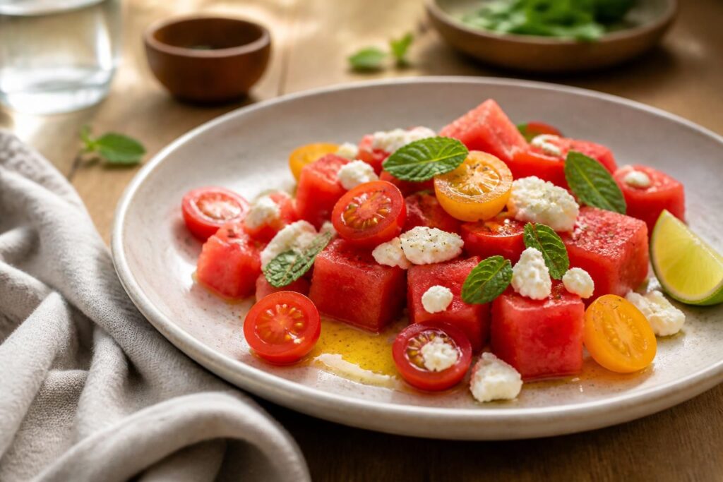 Erfrischende Sommerrezepte mit Wassermelone, Tomaten und frischen Früchten – bunt und appetitlich angerichtet auf einem Holztisch