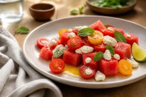 Erfrischende Sommerrezepte mit Wassermelone, Tomaten und frischen Früchten – bunt und appetitlich angerichtet auf einem Holztisch