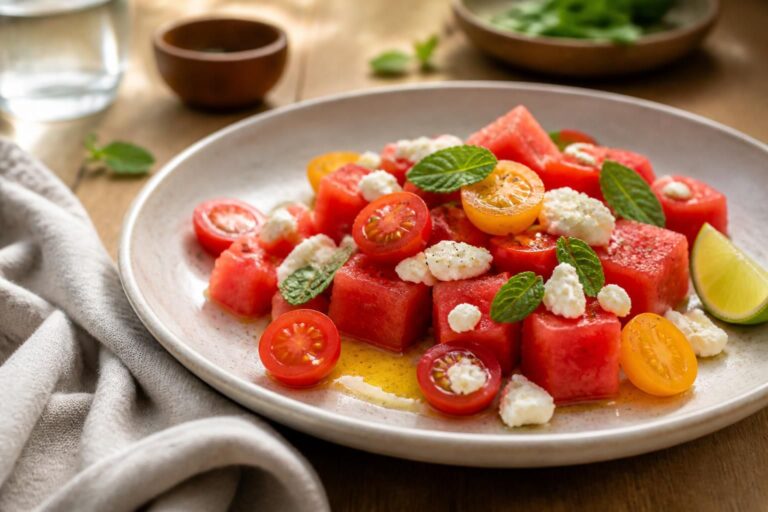 Erfrischende Sommerrezepte mit Wassermelone, Tomaten und frischen Früchten – bunt und appetitlich angerichtet auf einem Holztisch