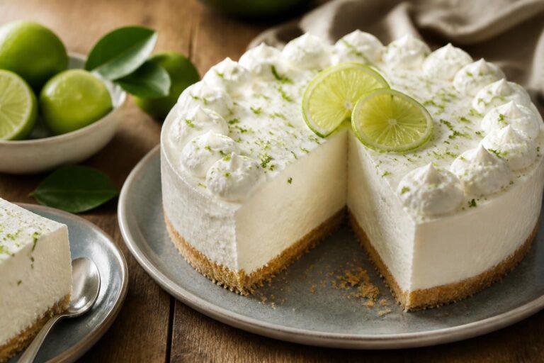 Limetten-Mascarpone-Kühlschranktorte ohne Backen auf einem Holzbrett, sauber angeschnitten, mit sichtbarer cremiger Füllung und frischen Limettenzesten