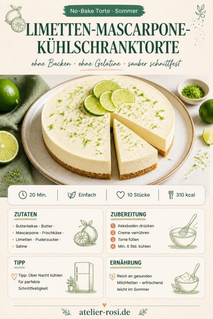 Limetten-Mascarpone-Kühlschranktorte ohne Backen, angeschnitten auf einem Teller mit frischen Limettenzesten