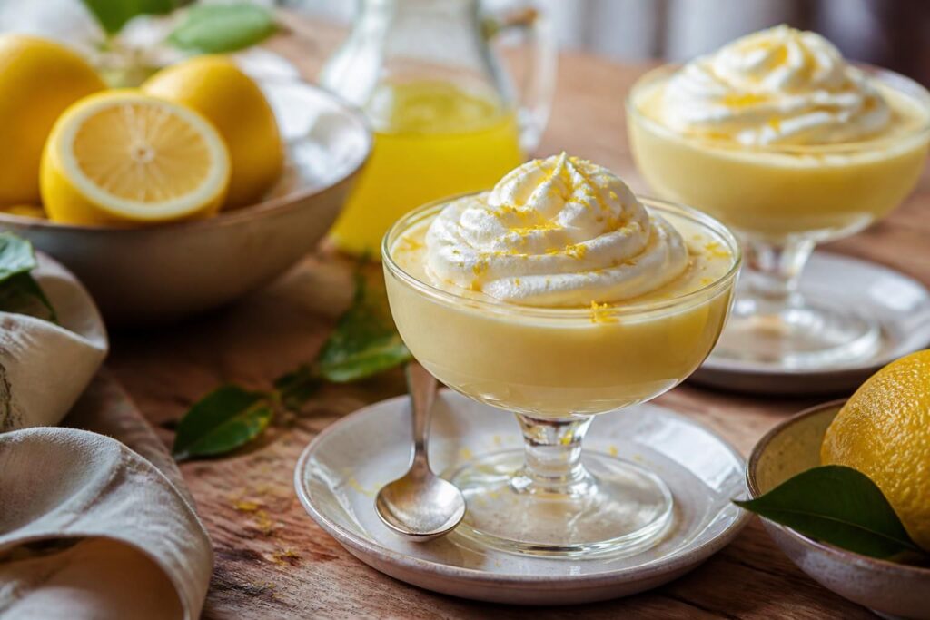 Limoncello-Creme im Glas mit Zitronenschale und Minzeblatt, frisch und cremig angerichtet