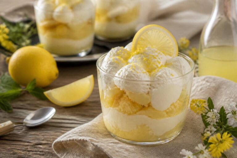 Limoncello-Dessert im Glas mit Mascarpone-Creme, Biskuitlöffeln und frischem Zitronenabrieb, angerichtet auf einem hellen Holztisch