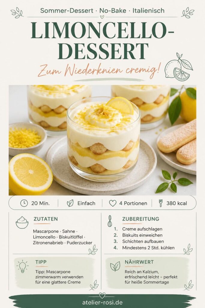 Limoncello-Dessert im Glas mit Mascarpone-Creme, Biskuitlöffeln und frischem Zitronenabrieb