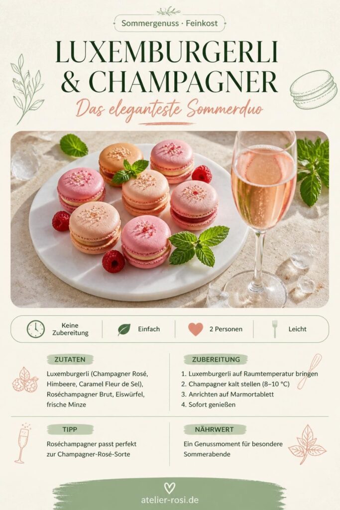 Luxemburgerli in verschiedenen Farben mit einem Glas Roséchampagner auf einem Marmortablett