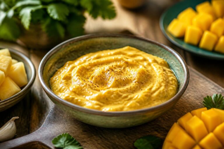 Mango-Curry-Dip in einer kleinen Schüssel, cremig und goldgelb, serviert mit frischen Gemüsesticks auf einem Holzbrett