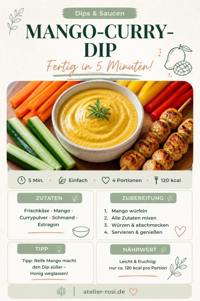 Mango-Curry-Dip cremig und goldgelb in einer Schüssel – Pinterest-Rezeptkarte
