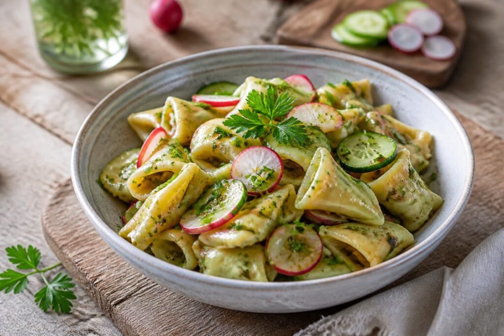 Kalter Maultaschen-Salat mit Gurke, Radieschen und würzigem Senf-Joghurt-Dressing in einer weißen Schüssel, von oben fotografiert