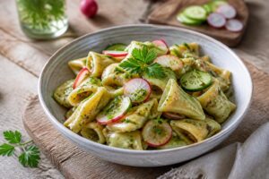 Kalter Maultaschen-Salat mit Gurke, Radieschen und würzigem Senf-Joghurt-Dressing in einer weißen Schüssel, von oben fotografiert