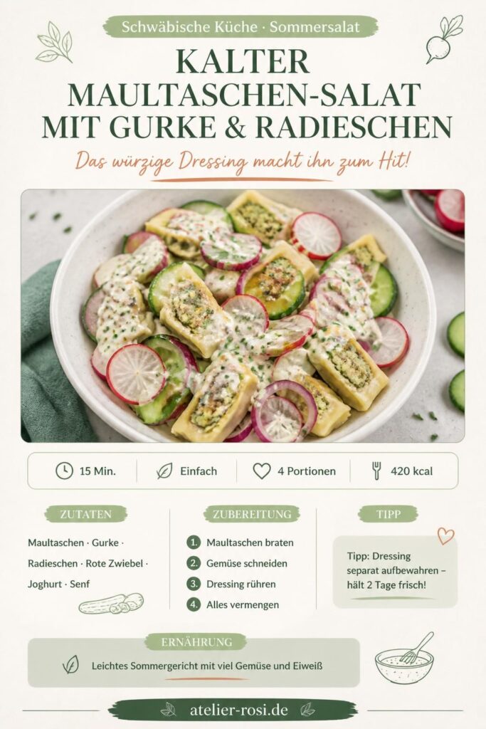Kalter Maultaschen-Salat mit Gurke, Radieschen und Senf-Joghurt-Dressing – Pinterest-Rezeptkarte