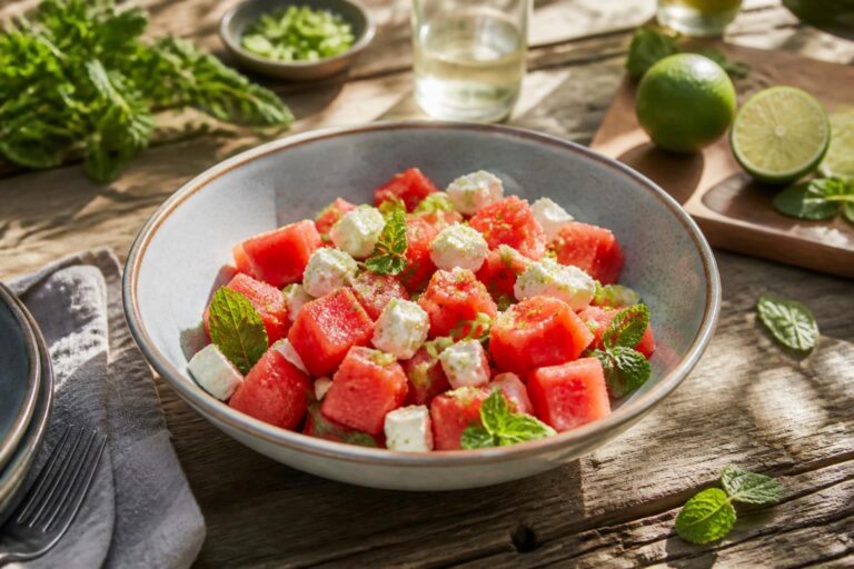 Melonen-Feta-Salat mit Limetten-Dressing, frischer Minze und Pinienkernen in einer weißen Schüssel, von oben fotografiert