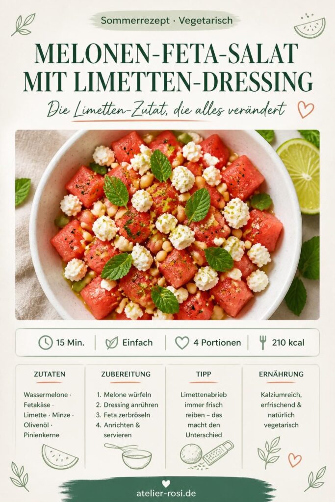 Melonen-Feta-Salat mit Limetten-Dressing, Minze und Pinienkernen – Pinterest-Rezeptkarte