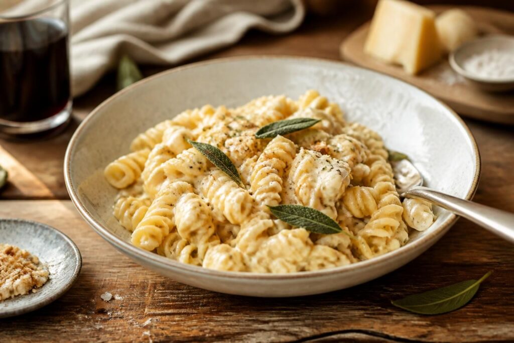 Cremige Mie-Nudeln mit Käsesoße und Blumenkohl in einer tiefen Schüssel, garniert mit frisch geriebenem Käse und Petersilie