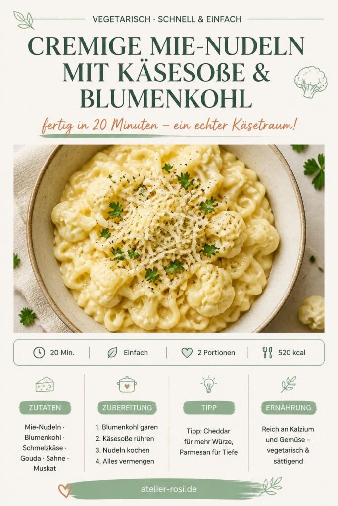 Cremige Mie-Nudeln mit Käsesoße und Blumenkohl – Pinterest-Bild zum Speichern