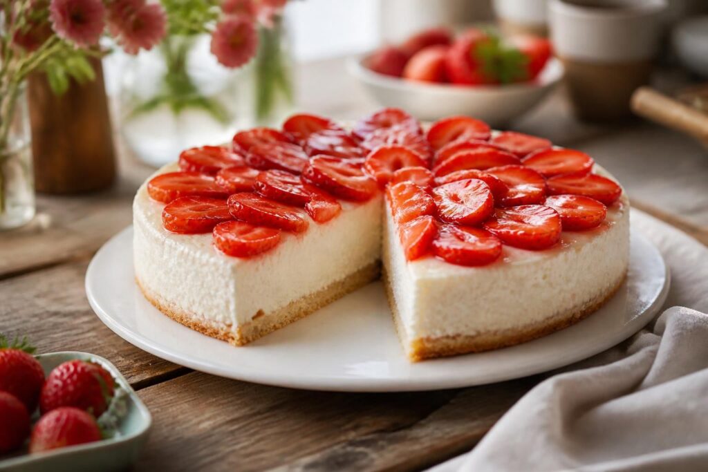 Milchreis-Torte mit Erdbeeren auf einem weißen Tortenteller, Schnittansicht zeigt die cremige Milchreis-Füllung und den knusprigen Keksboden, garniert mit frischen Erdbeeren