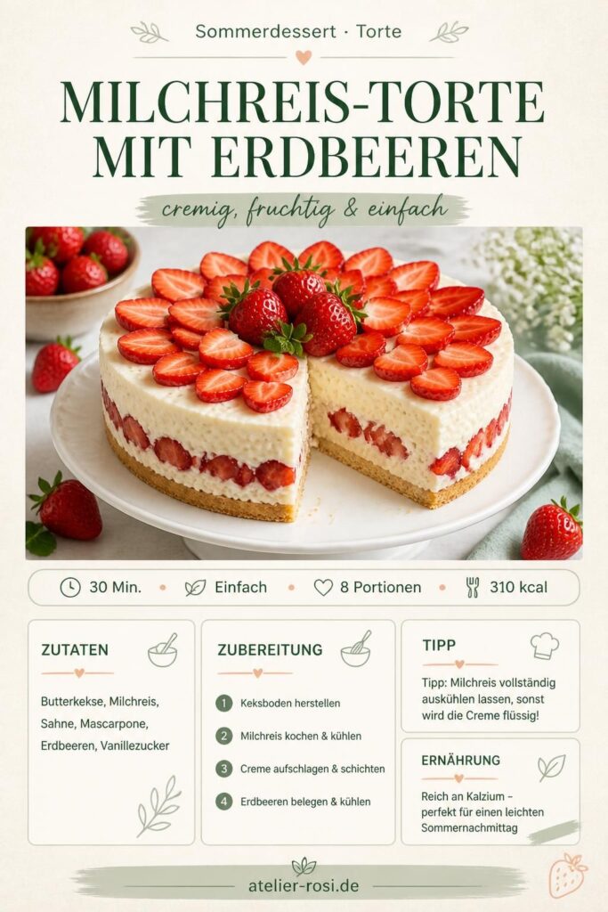 Milchreis-Torte mit Erdbeeren – cremiges Sommerdessert auf einem Keksboden, dekoriert mit frischen Erdbeeren