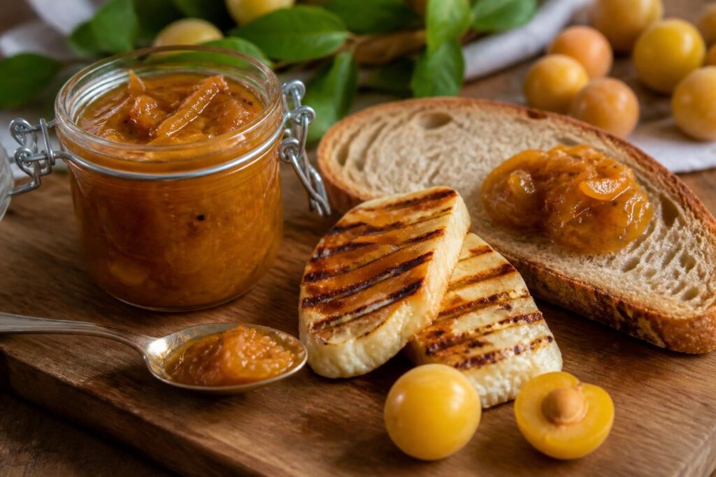 Mirabellen-Chutney mit Zwiebeln im Glas, serviert mit Grillkäse und frischem Brot auf einem Holzbrett