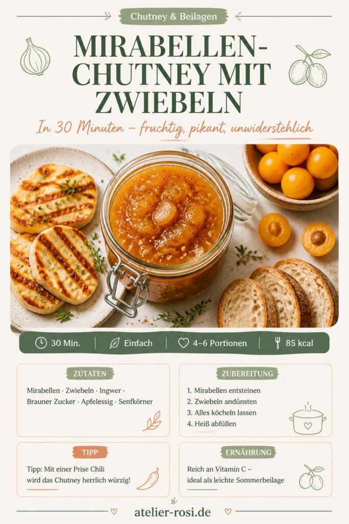 Mirabellen-Chutney mit Zwiebeln im Glas, serviert mit Grillkäse und frischem Brot