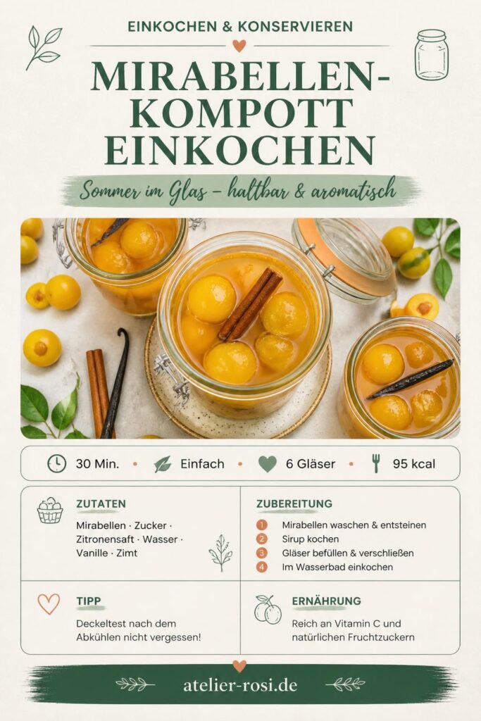 Mirabellen-Kompott einkochen: goldgelbe Gläser mit Gewürzsirup auf einem Holztisch